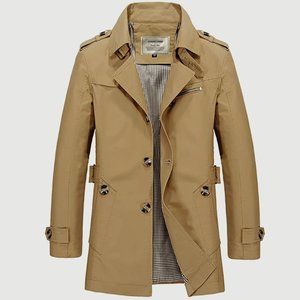DAVID.ANN Men's Windbreaker Notch Lapel Single Breasted Coat Tan Size Large